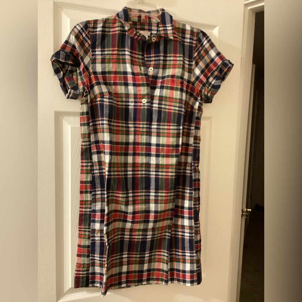 J. Crew Multicolor Plaid Button-Up Shirt Dress — Red, Navy & Green
